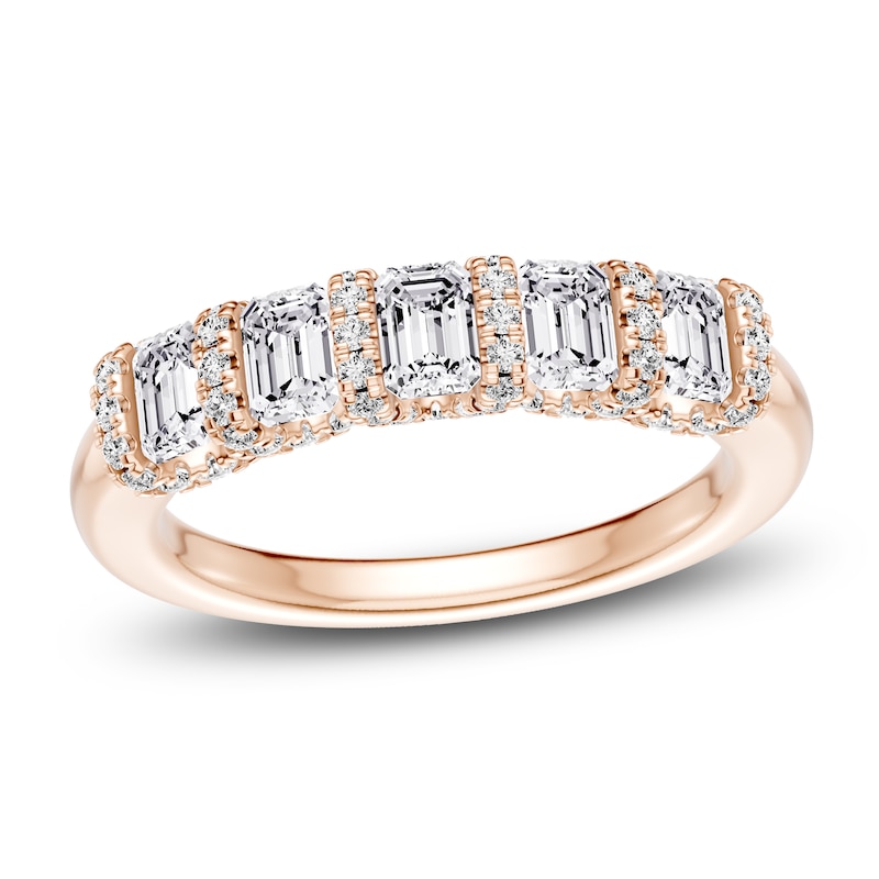 Main Image 1 of Certified Emerald & Round-Cut Diamond Scalloped-Edge Anniversary Ring 1 ct tw 14K Rose Gold