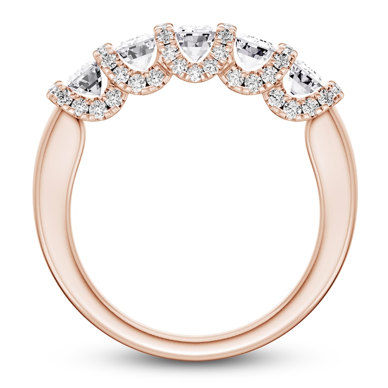 Main Image 2 of Certified Emerald & Round-Cut Diamond Scalloped-Edge Anniversary Ring 1 ct tw 14K Rose Gold