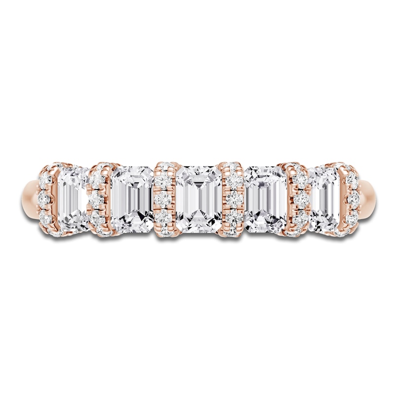 Main Image 3 of Certified Emerald & Round-Cut Diamond Scalloped-Edge Anniversary Ring 1 ct tw 14K Rose Gold