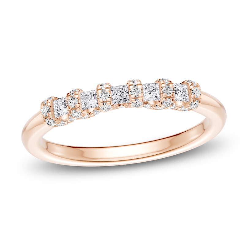 Main Image 1 of Certified Princess & Round-Cut Diamond Scalloped-Edge Anniversary Ring 1/2 ct tw 14K Rose Gold