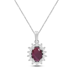 Oval-Cut Certified Natural Ruby & Diamond Starburst Halo Necklace 1/5 ct tw 14K White Gold 18"