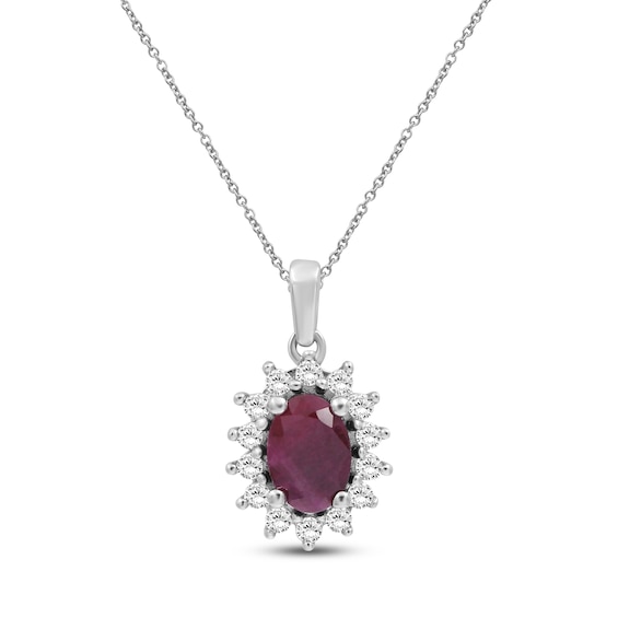Oval-Cut Certified Natural Ruby & Diamond Starburst Halo Necklace 1/5 ct tw 14K White Gold 18"