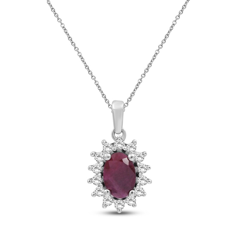 Main Image 1 of Oval-Cut Certified Natural Ruby & Diamond Starburst Halo Necklace 1/5 ct tw 14K White Gold 18"