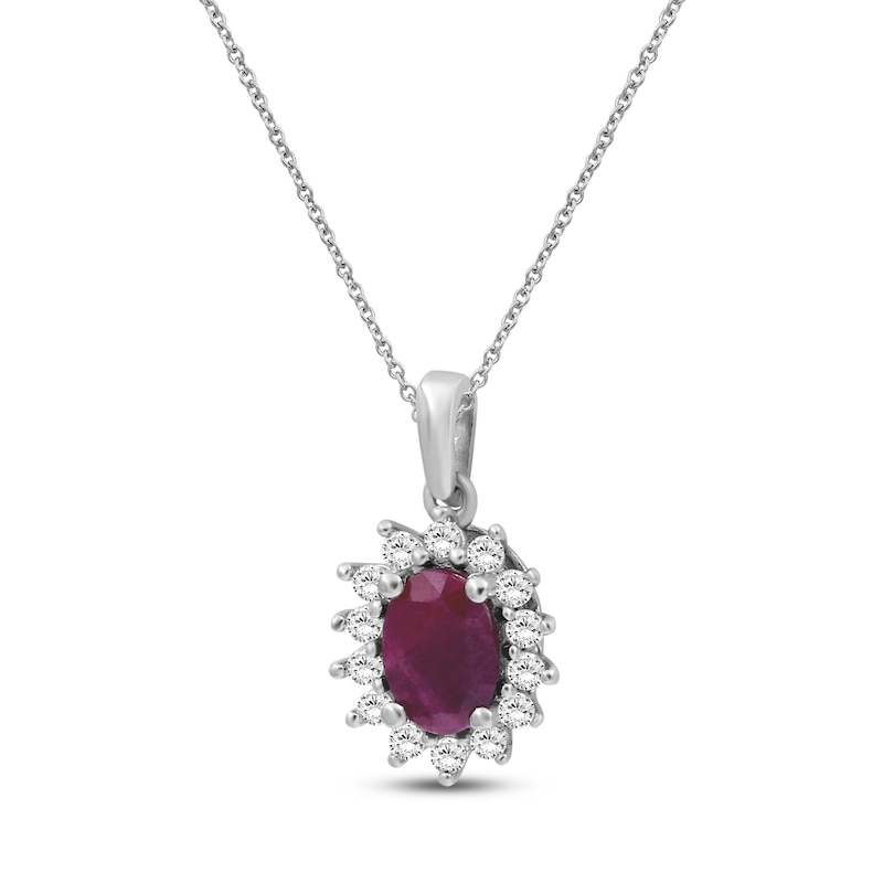 Main Image 2 of Oval-Cut Certified Natural Ruby & Diamond Starburst Halo Necklace 1/5 ct tw 14K White Gold 18"