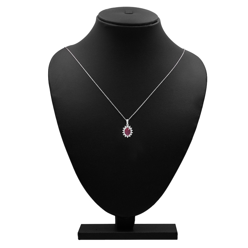 Main Image 5 of Oval-Cut Certified Natural Ruby & Diamond Starburst Halo Necklace 1/5 ct tw 14K White Gold 18"