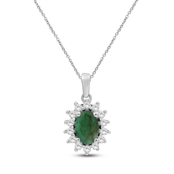 Oval-Cut Natural Emerald & Diamond Starburst Halo Necklace 1/5 ct tw 14K White Gold 18"