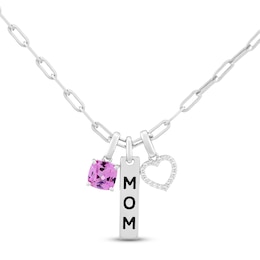 Cushion-Cut Pink Lab-Created Sapphire & White Lab-Created Sapphire "Mom" Charm Necklace Sterling Silver 18"