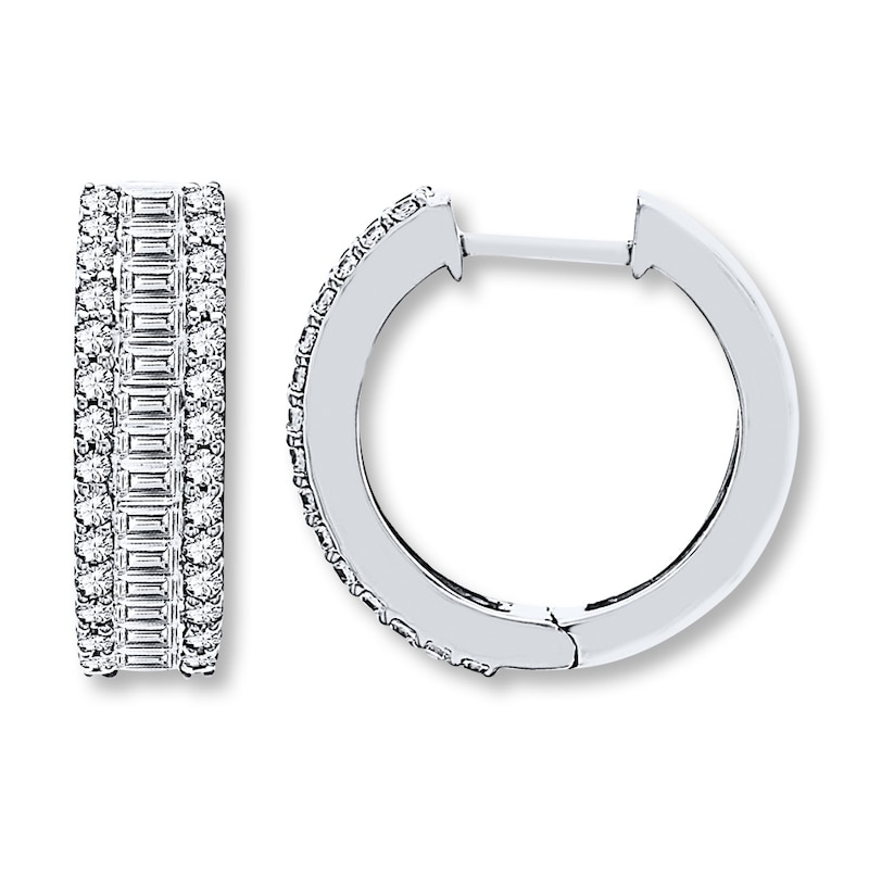 Main Image 1 of Diamond Hoop Earrings 1-1/2 ct tw Round/Baguette 14K White Gold