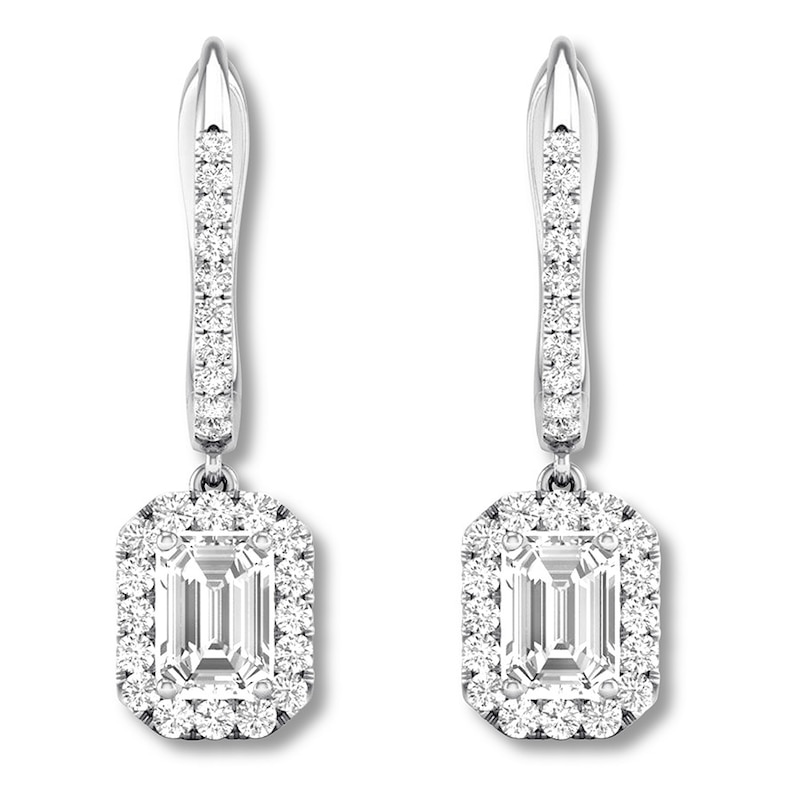 Main Image 1 of Diamond Dangle Earrings 1 cttw Emerald-cut/Round 14K White Gold