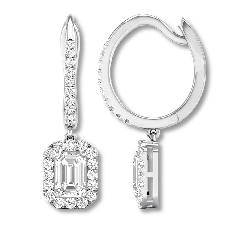 Main Image 2 of Diamond Dangle Earrings 1 cttw Emerald-cut/Round 14K White Gold