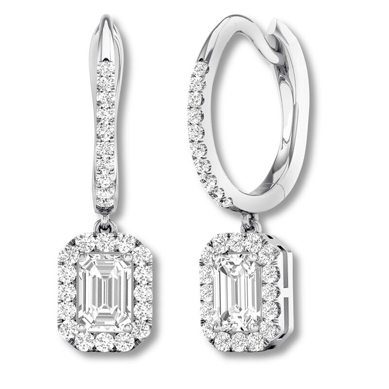 Main Image 3 of Diamond Dangle Earrings 1 cttw Emerald-cut/Round 14K White Gold