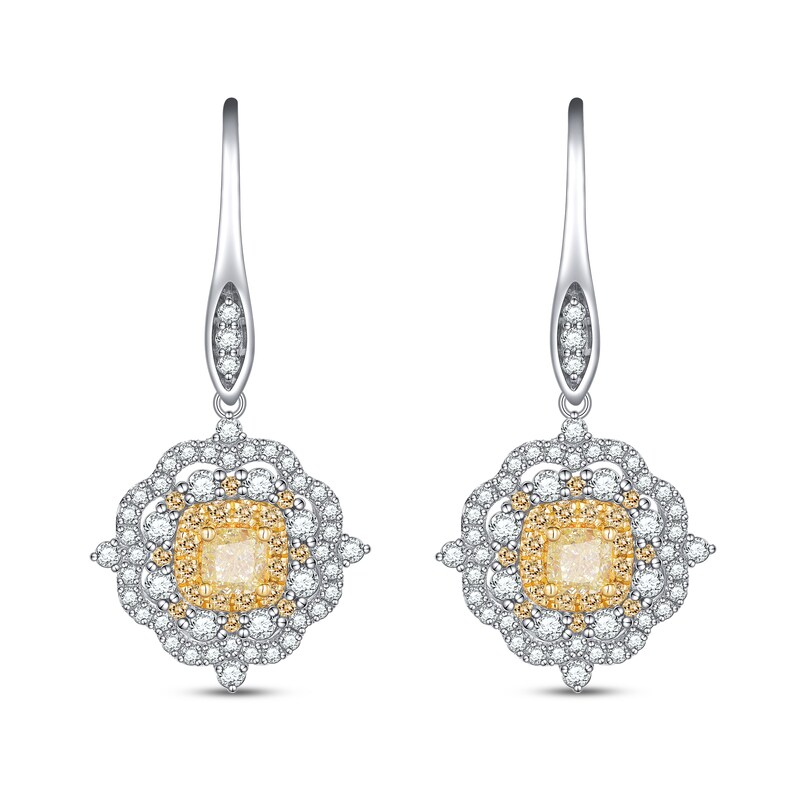 Diamond Earrings 1 5/8 ct tw Round/Cushion Two-Tone Gold