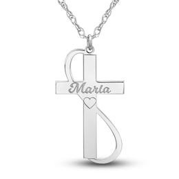 Engravable Cross Pendant Necklace White Gold-Plated Sterling Silver 28mm 18&quot; Adj.