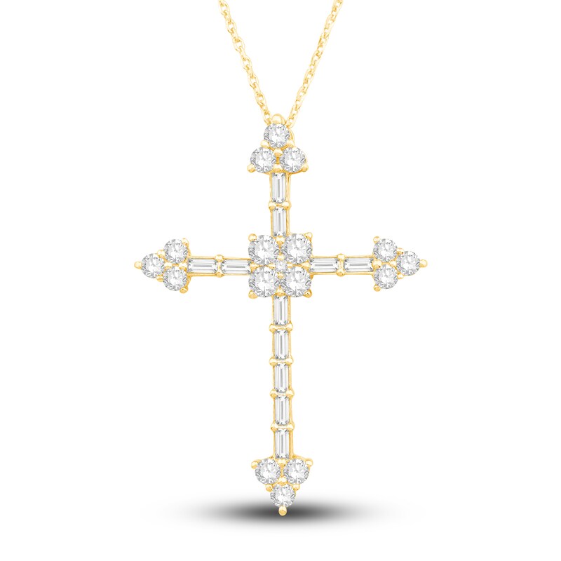 Main Image 1 of Diamond Cross Pendant Necklace 1-1/2 ct tw Round/Baguette 14K Yellow Gold 18"