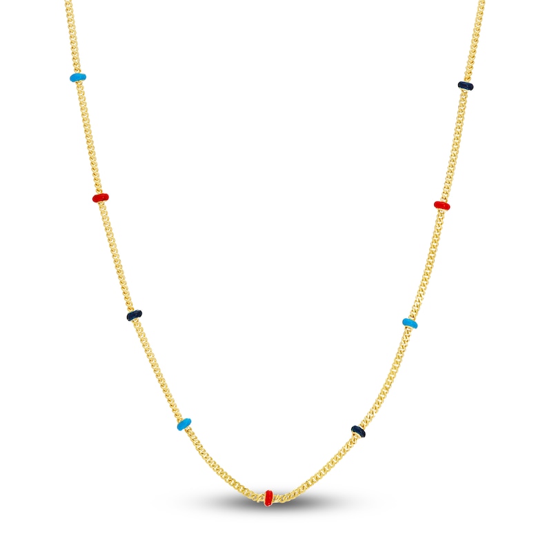 Main Image 1 of Solid Station Necklace Red/Black /Navy Blue Enamel 14K Yellow Gold 18"