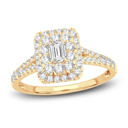 Diamond Double Halo Engagement Ring 1 ct tw Emerald/Round 14K Yellow Gold
