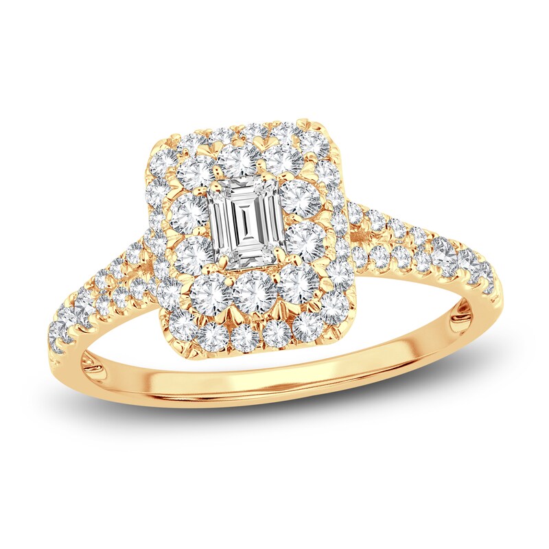 Main Image 1 of Diamond Double Halo Engagement Ring 1 ct tw Emerald/Round 14K Yellow Gold
