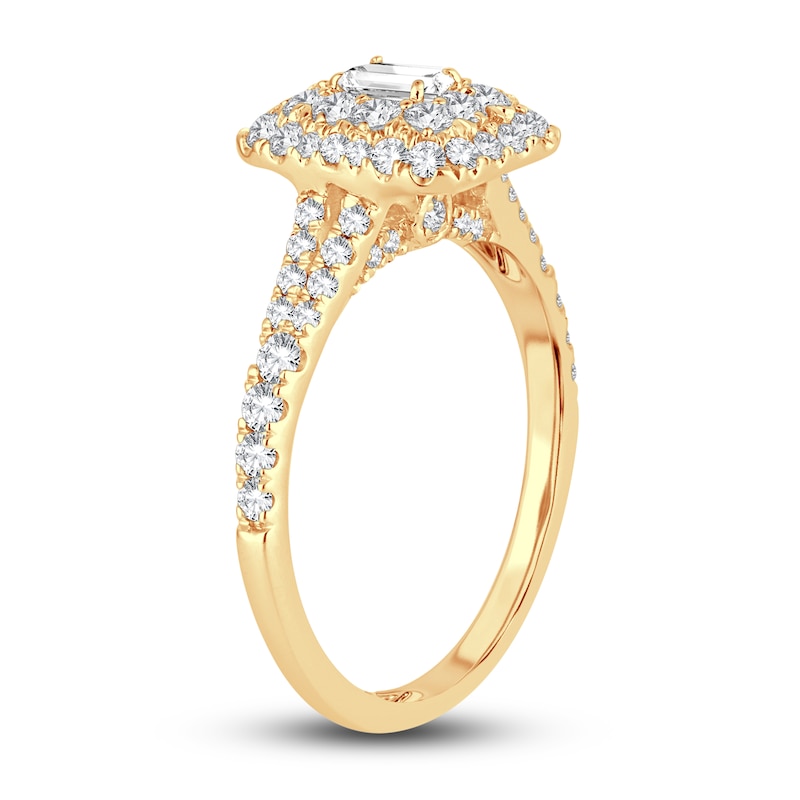 Main Image 2 of Diamond Double Halo Engagement Ring 1 ct tw Emerald/Round 14K Yellow Gold
