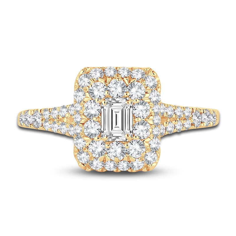Main Image 3 of Diamond Double Halo Engagement Ring 1 ct tw Emerald/Round 14K Yellow Gold