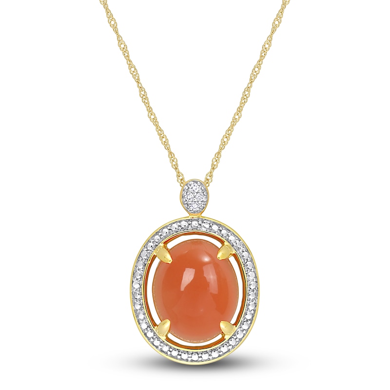 Natural Orange Moonstone Pendant Necklace Diamond Accents 14K Yellow Gold 17"