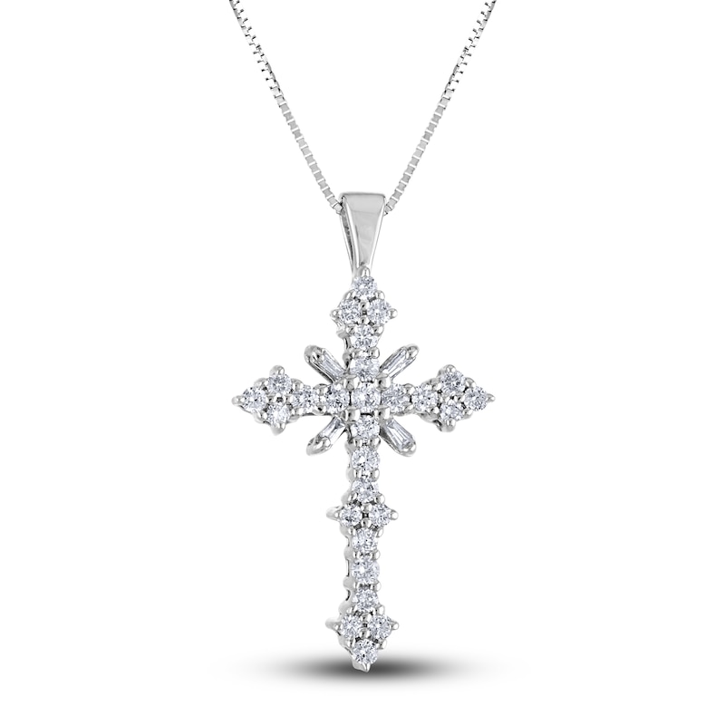 Main Image 1 of Diamond Cross Pendant Necklace 2 ct tw Round/Baguette 14K White Gold 18"