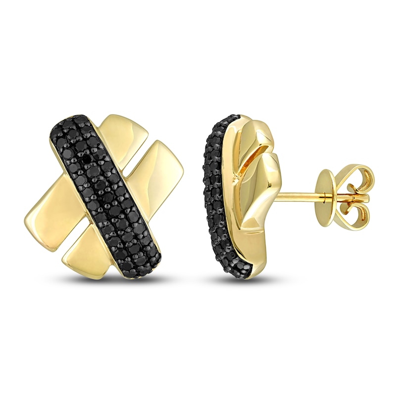 Main Image 1 of Y-Knot Men's Black Diamond Stud Earrings 3/8 ct tw Round 14K Yellow Gold