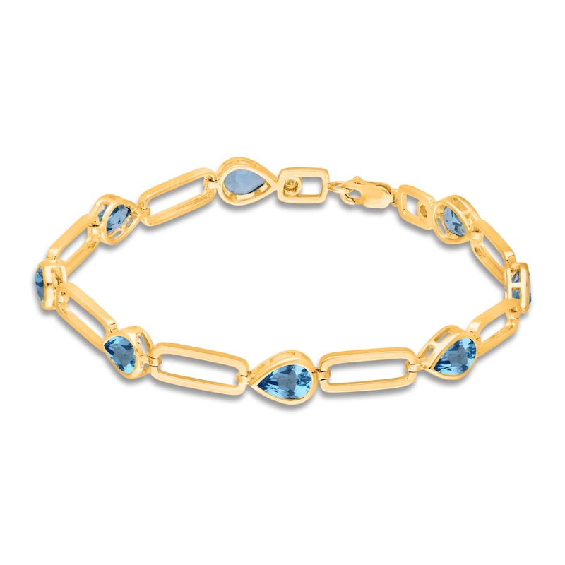 Kallati Pear-Shaped Natural Blue Topaz Bracelet 1/15 ct tw Diamonds 14K Yellow Gold 7"