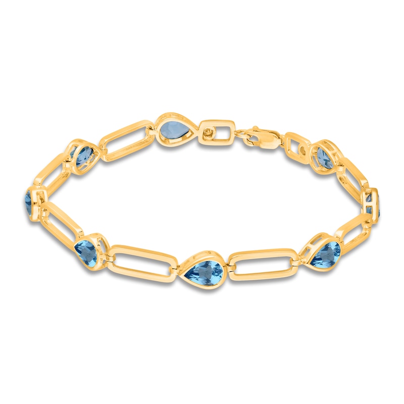 Main Image 1 of Kallati Pear-Shaped Natural Blue Topaz Bracelet 1/15 ct tw Diamonds 14K Yellow Gold 7"