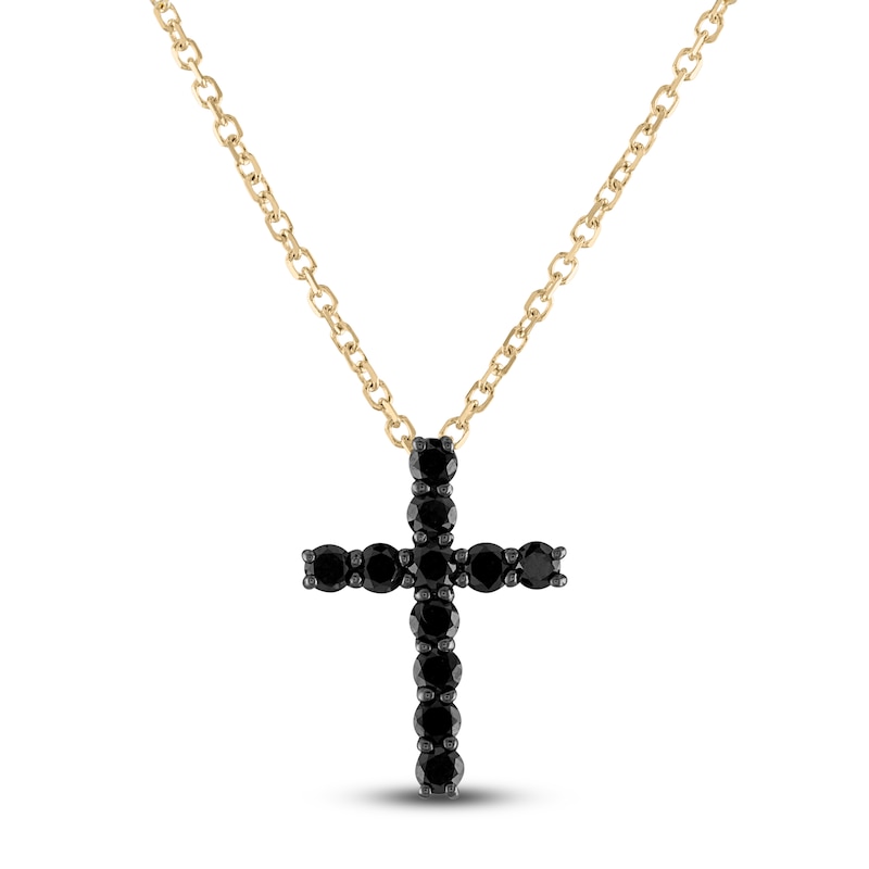 Main Image 1 of Black Diamond Cross Pendant Necklace 1/3 ct tw Round 14K Yellow Gold 18"