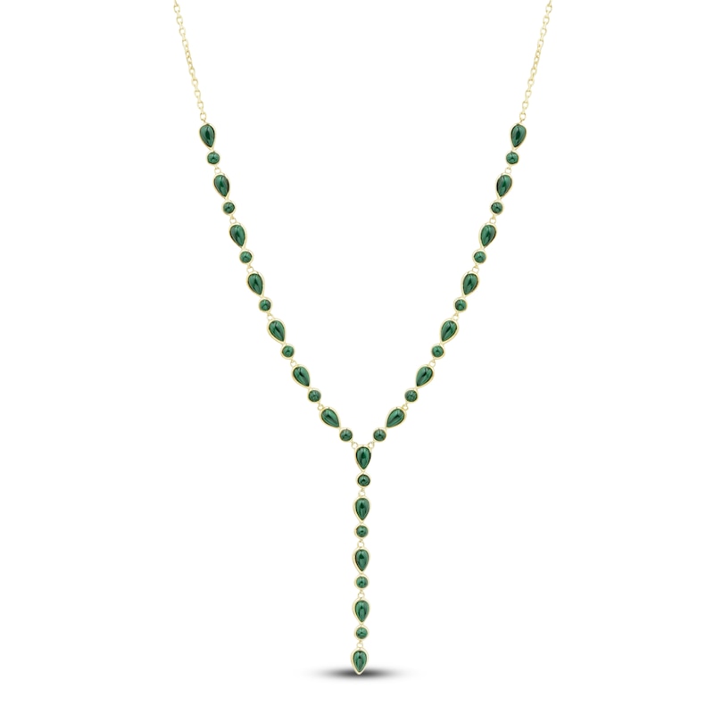 Pear-Shaped & Round-Cut Natural Malachite Y-Drop Necklace 14K Yellow Gold