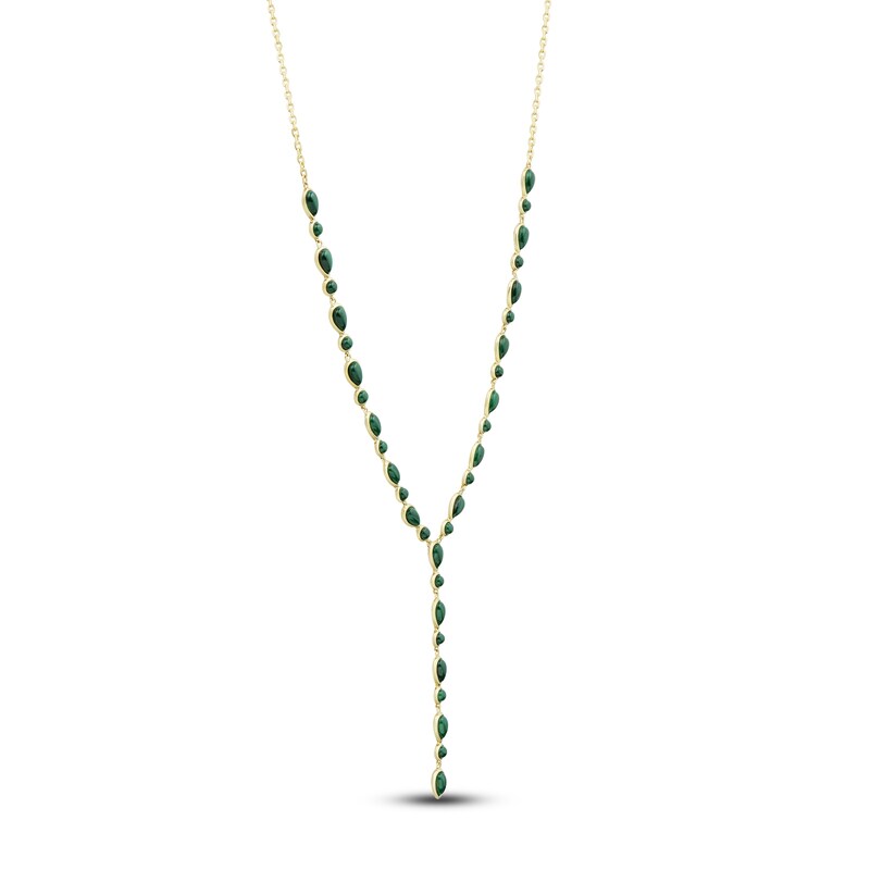 Main Image 2 of Pear-Shaped & Round-Cut Natural Malachite Y-Drop Necklace 14K Yellow Gold