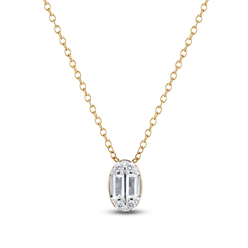 Main Image 1 of Baguette & Round-Cut Multi-Diamond Oval Necklace 1/6 ct tw 14K Yellow Gold 18"