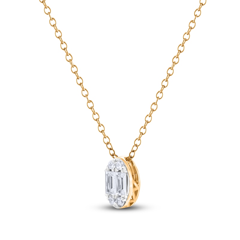 Main Image 2 of Baguette & Round-Cut Multi-Diamond Oval Necklace 1/6 ct tw 14K Yellow Gold 18"