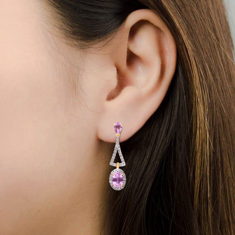Main Image 3 of Kallati Pear & Oval-Cut Natural Pink Sapphire & Diamond Drop Earrings 3/8 ct tw 14K Yellow Gold