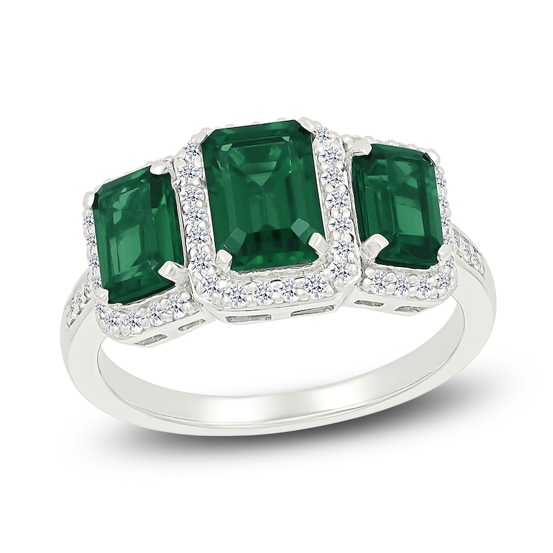 Main Image 1 of Rectangle-Cut Lab-Created Emerald & White Lab-Created Sapphire Three-Stone Ring Sterling Silver