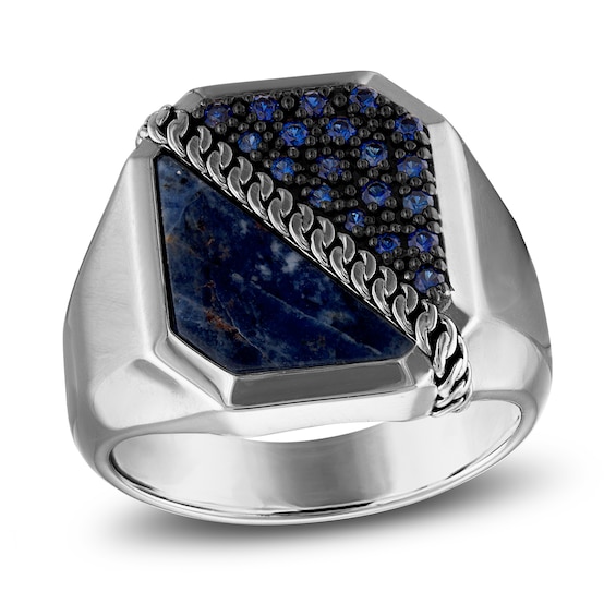 1933 by Esquire Men's Natural Sodalite & Created Blue Sapphire Chain Ring Sterling Silver
