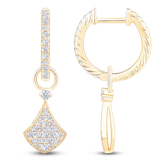 Diamond Shield-Shaped Dangle Hoop Earrings 1/2 ct tw 14K Yellow Gold