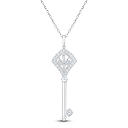 Baguette & Round-Cut Diamond Key Necklace 1/4 ct tw 14K White Gold 18"