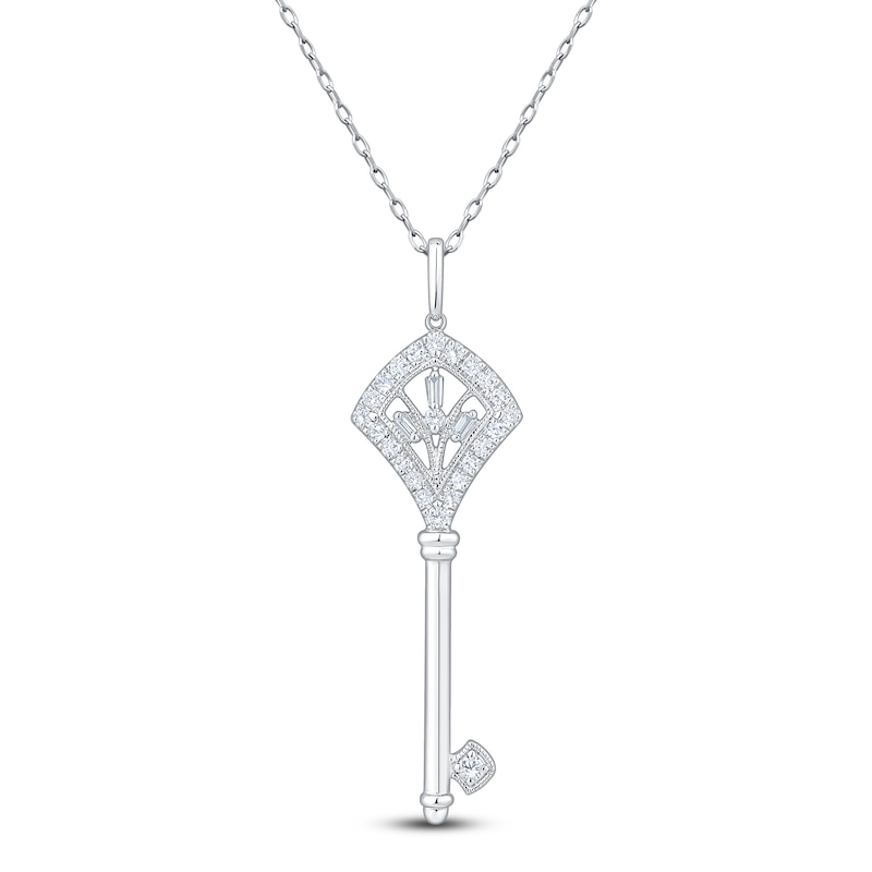 Main Image 1 of Baguette & Round-Cut Diamond Key Necklace 1/4 ct tw 14K White Gold 18"