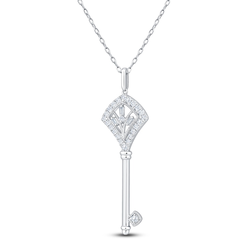Main Image 3 of Baguette & Round-Cut Diamond Key Necklace 1/4 ct tw 14K White Gold 18"