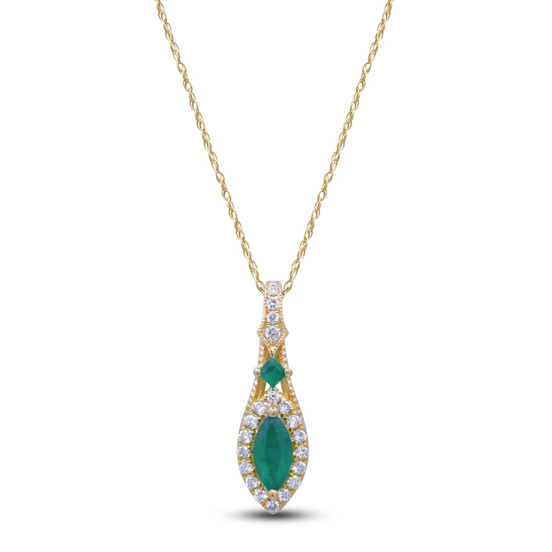 Main Image 1 of Marquise & Square-Cut Natural Emerald & Diamond Drop Necklace 1/4 ct tw 14K Yellow Gold 18"