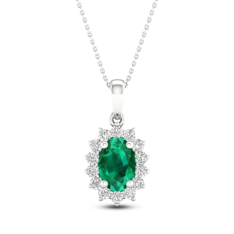 Main Image 1 of Oval-Cut Natural Emerald & Diamond Halo Necklace 1/5 ct tw 14K White Gold 18"