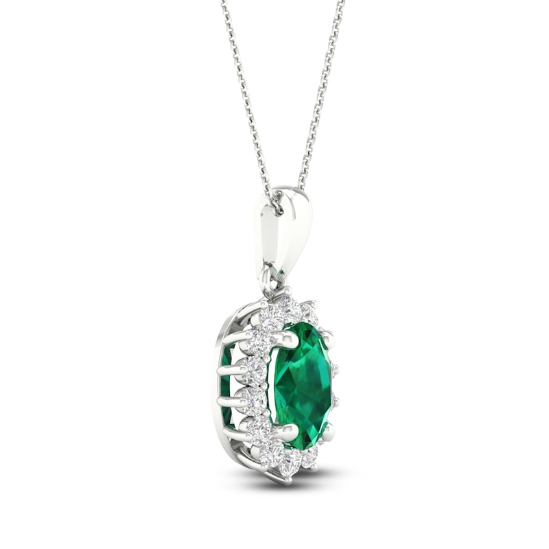 Main Image 2 of Oval-Cut Natural Emerald & Diamond Halo Necklace 1/5 ct tw 14K White Gold 18"