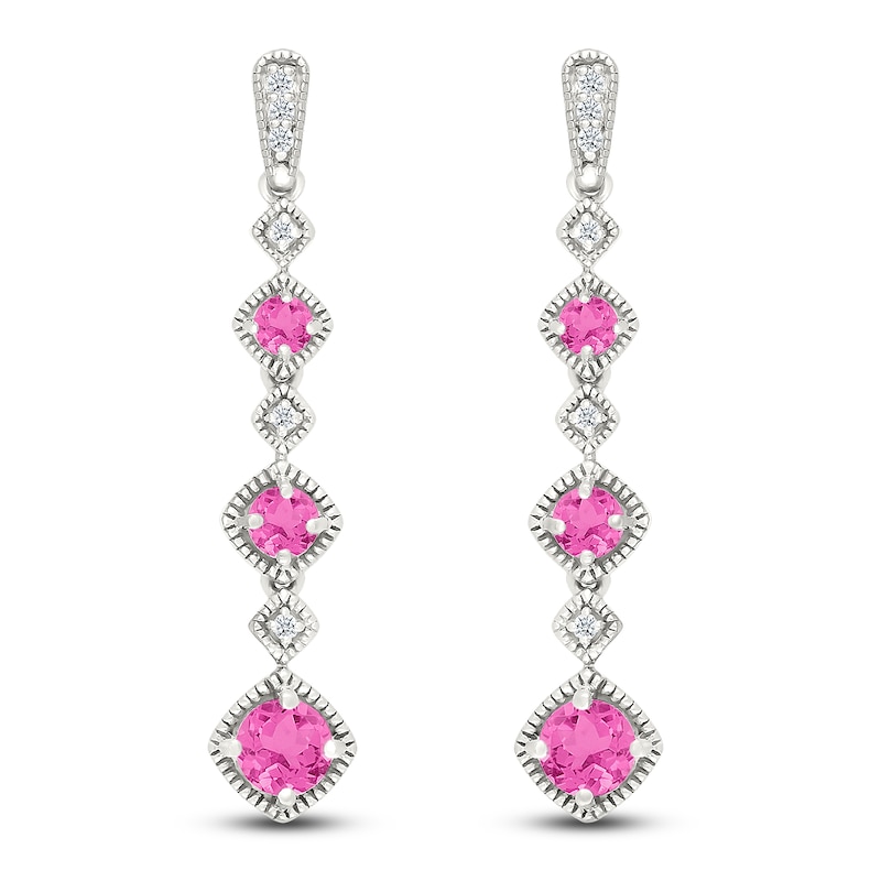 Main Image 1 of Pink Lab-Created Sapphire & Diamond Drop Earrings 1/20 ct tw Sterling Silver