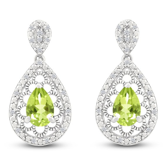 Pear-Shaped Natural Peridot & Diamond Dangle Earrings 1/6 ct tw Sterling Silver