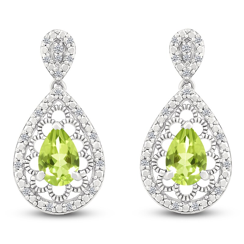 Main Image 1 of Pear-Shaped Natural Peridot & Diamond Dangle Earrings 1/6 ct tw Sterling Silver