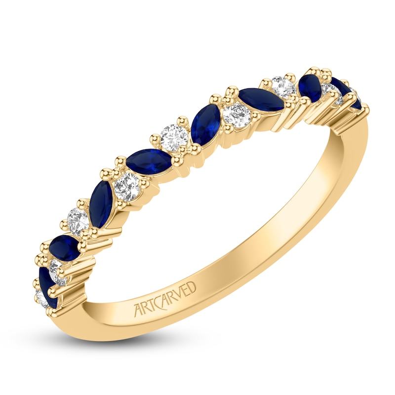 Main Image 2 of ArtCarved Marquise-Cut Natural Blue Sapphire & Diamond Anniversary Ring 1/6 ct tw 14K Yellow Gold