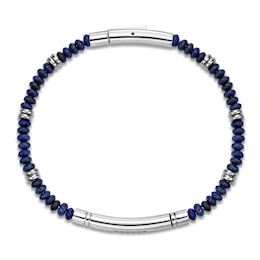 Men's Natural Lapis Lazuli Bead & Black Spinel Curved Bar Bracelet Stainless Steel 8.25"