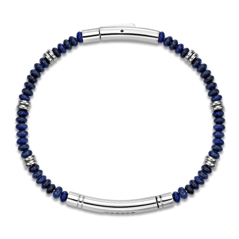 Main Image 1 of Men's Natural Lapis Lazuli Bead & Black Spinel Curved Bar Bracelet Stainless Steel 8.25"
