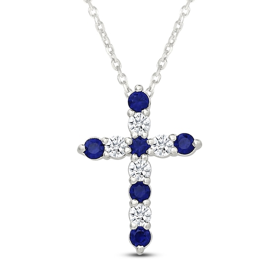 Blue Lab-Created Sapphire & White Lab-Created Sapphire Cross Necklace Sterling Silver 18"